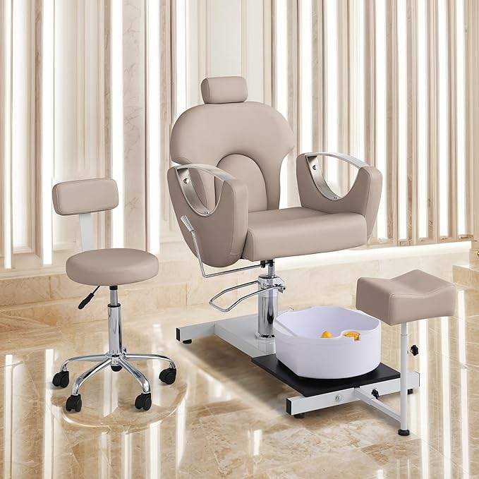 Pedicure Station No Plumbing, Hydraulic Pedicure Chair for Nail Tech, Height Adjustable Reclining Pedicure Station Unit, 360 Degree Swivel Foot Spa Chair with Massage Foot Bath (Grey-Sliver)