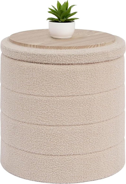 B FSOBEIIALEO Ottoman with Stroage, Round Sherpa Storage Ottoman Stool, Boucle Foot Rest 16.9"x16.9"x17.7"（Beige