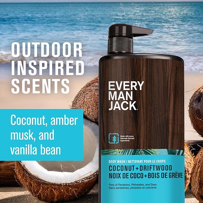 Every Man Jack Coconut + Driftwood Mens Body Wash for All Skin Types - Cleanse, Hydrate, and Smell Great - Free of Parabens, Phtalates, and Dyes - 33.8 fl oz (2 Pack)
