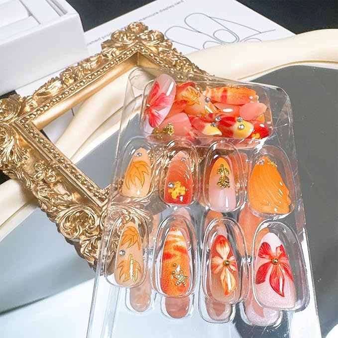 30 Pcs Fall Press on Nails Medium Almond Fake Nails with 3D Flower Gold Rose Rhinestones Design Gold Maple Leaf False Nails White French Tip Acrylic Nails Autumn Thanksgiving Stick on Nail for Women