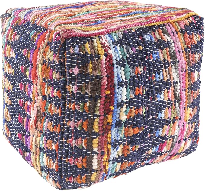 LR Home Denim Bordered Shabby Chic Hand-Loomed Cotton Jute Cube Pouf for Home Decor | Hand-Made Farmhouse Foot Rest for Bedroom & Living Room Decor | 18 x 18 x 18 Stuffed Ottoman for Seating