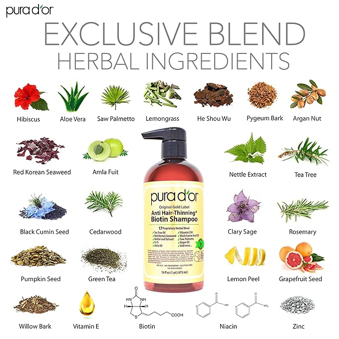 PURA D'OR Anti-Thinning Biotin Shampoo & Conditioner Gold Label Set (16oz x2) Natural Botanical Scent – CLINICALLY TESTED Stronger-Feeling, Thicker-Looking Hair, Volume & Less Breakage – Men & Women