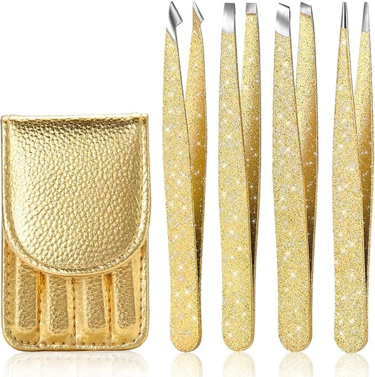4-Pcs Glitter Stainless Steel Precision Tweezer Set for Eyebrows, Ingrown Hair & Lash Extensions (Gold)