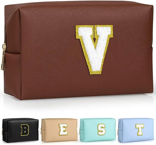 TOPEAST Initial Makeup Bags for Women, Personalized Portable Cosmetic Bag for Travel, Cute Makeup Pouch, PU Leather Waterproof Toiletry Bag, Preppy Things for Girl (Brown V)