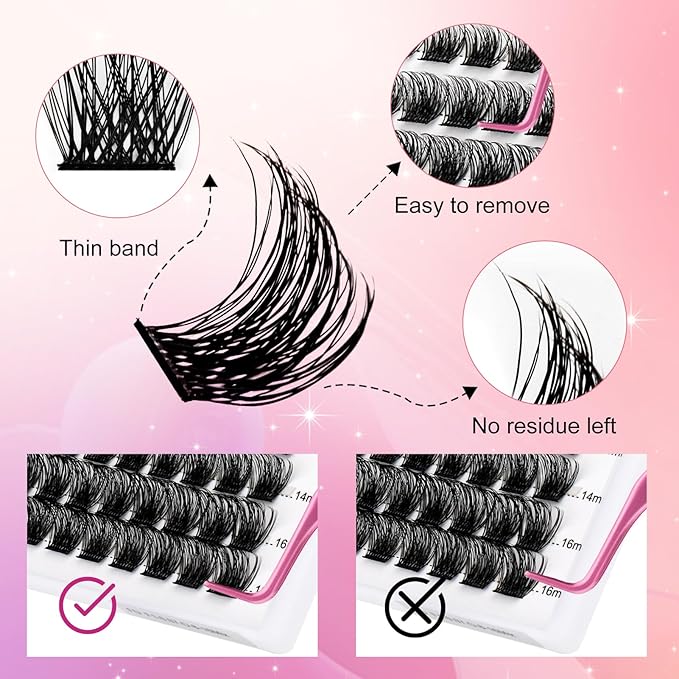 Lash Clusters DIY Eyelash Extensions 144 Clusters Lashes D Curl 0.07 Natural Individual Lash Extensions Mixed Tray False Eyelashes Soft & Strong Thin Band DIY at Home (F32-0.07D, 8-16mm)