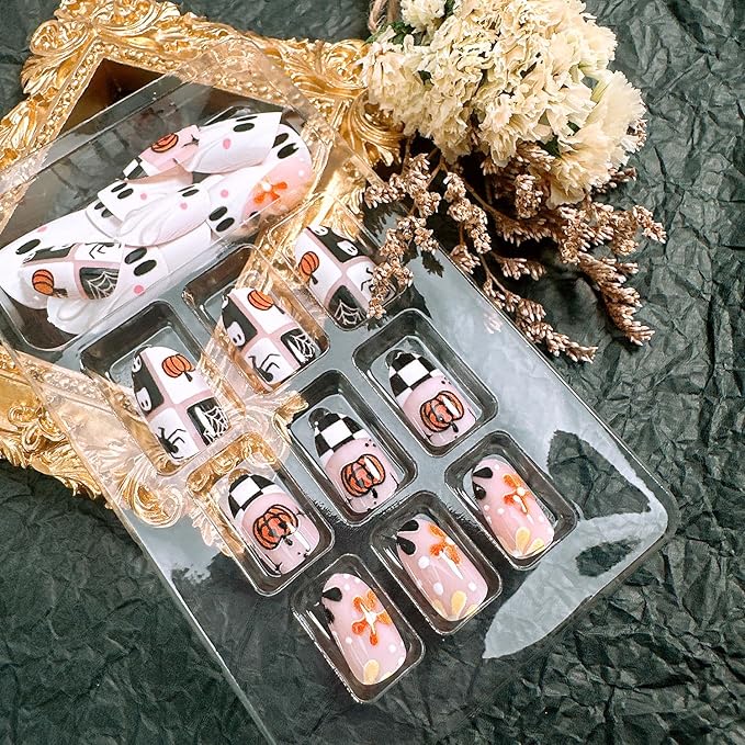 24Pcs Halloween Press on Nails Short Almond Fake Nails White Ghost Acrylic Nails with 3D Designs Horror Spider Pumpkin Glue on Nails Ghost Flower Spider Web False Nail Tips for Women Nail Designs