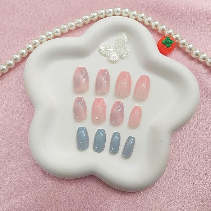 Coffin Press on Nails Short Fake Nails with Marble Designs Blue Nails Press ons Glossy Glue on Nails Daily Wear Simple Acrylic Nails Pink False Nails Spring Summer Stick on Nails for Women 24Pcs
