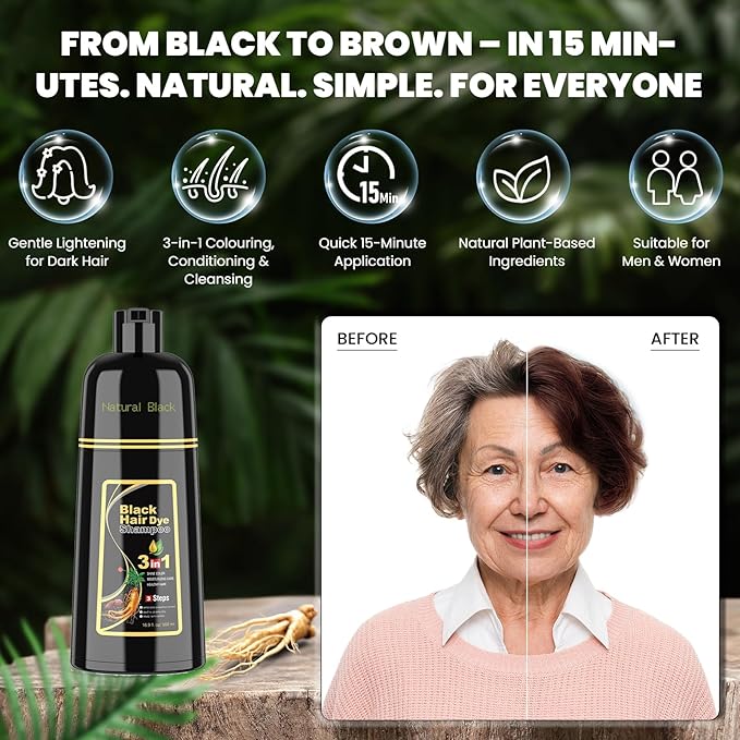 Instant Black Hair Dye Shampoo for Women Man Hair Color Shampoo for Gray Hair - 100% Gray Coverage - Natural Plant Hair Dye 3 in 1, 16.9Fl OZ