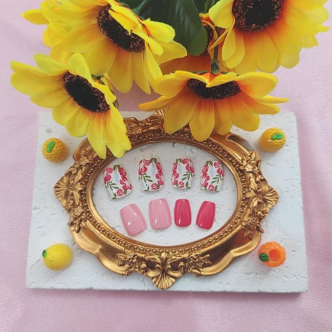 24pcs Pink Red Floral Designs Coffin Press-On False Nails with Glossy Finish, Full Cover Nail, Plastic Material, Quick to Put On, Full Well Tips