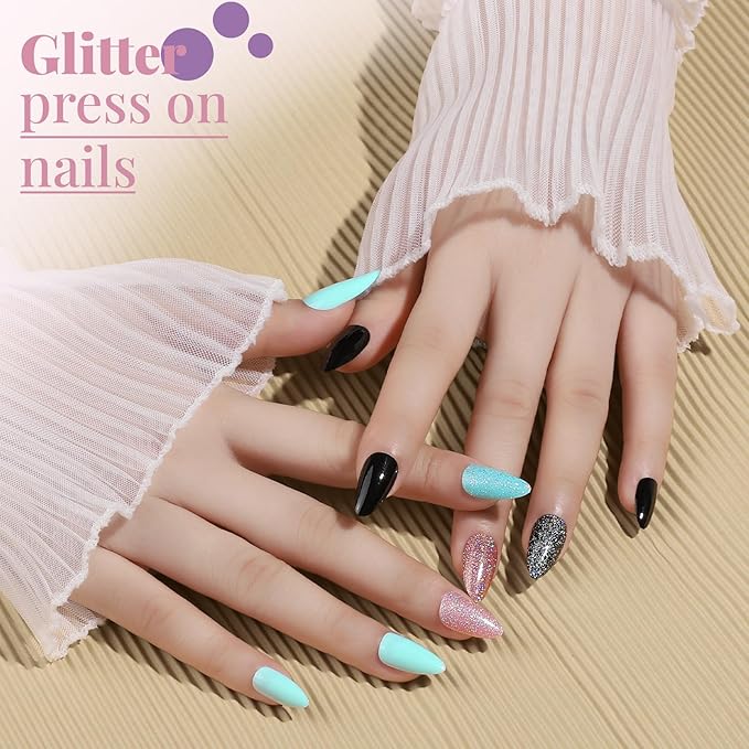 Teenitor Press on Nails Almond, 24Pack 576Pcs Short Almond Press on Nails, Matte Glossy French Tip Press on Nails, Glitter Fake Nails