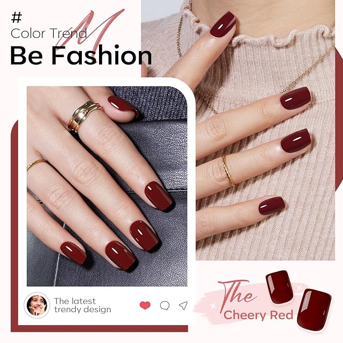 Modelones Press on Nails, Dark Red Short Square Fake Nails, Christmas Reusable Nail Kit with Nail Glue Adhesive Tabs Mini Nail File, Nails Press Ons 32Pcs16 Sizes, Women Girl Gift