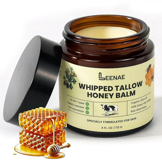 Whipped Beef Tallow Honey Balm | Grass Fed Tallow Face Moisturizer | Natural Unscented Beef Tallow for Skin with Olive Oil (4 Oz)