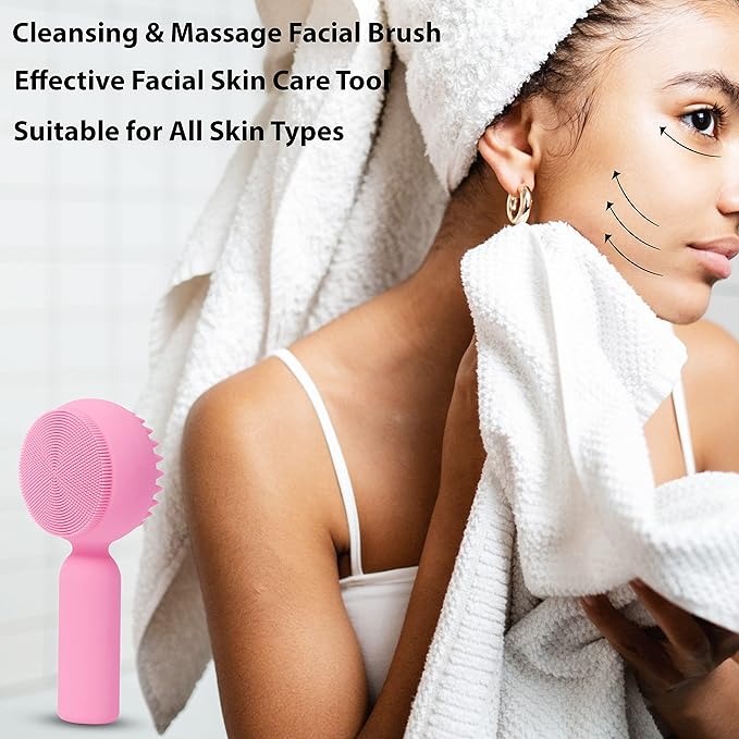 Silicone Facial Cleansing Brush 2 in 1 Silicone Facial Scrubber Manual Exfoliating Facial Brush Face Cleanser Face Exfoliator Ultrafine Bristles for Sensitive Skin Easy to Clean Lather Well (Pink)
