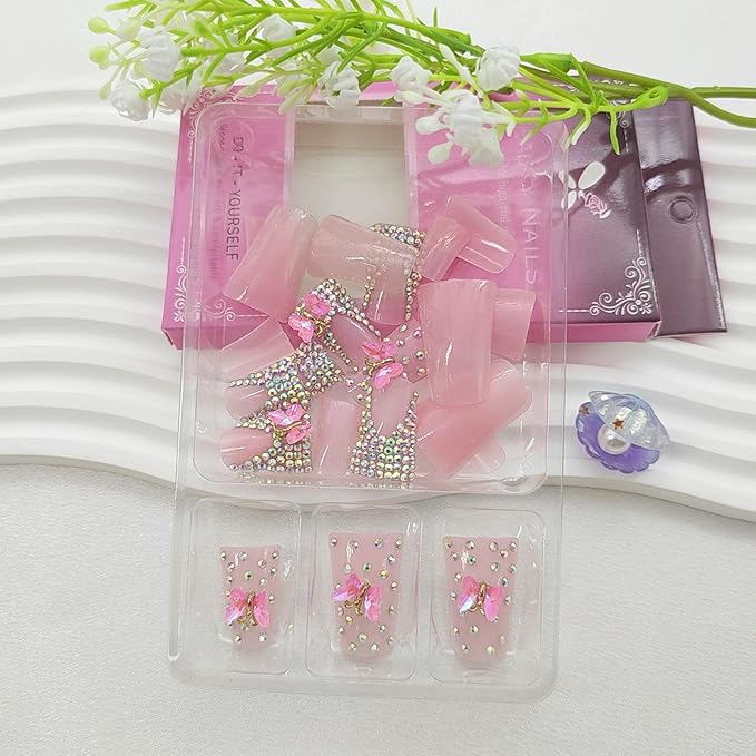 Duck Press on Nails Medium Fake Nails with Butterfly Rhinestones Designs French Tip Nails Press ons Glossy Glue on Nails Pink Acrylic Nails Artificial Stick on Nails for Women 24Pcs