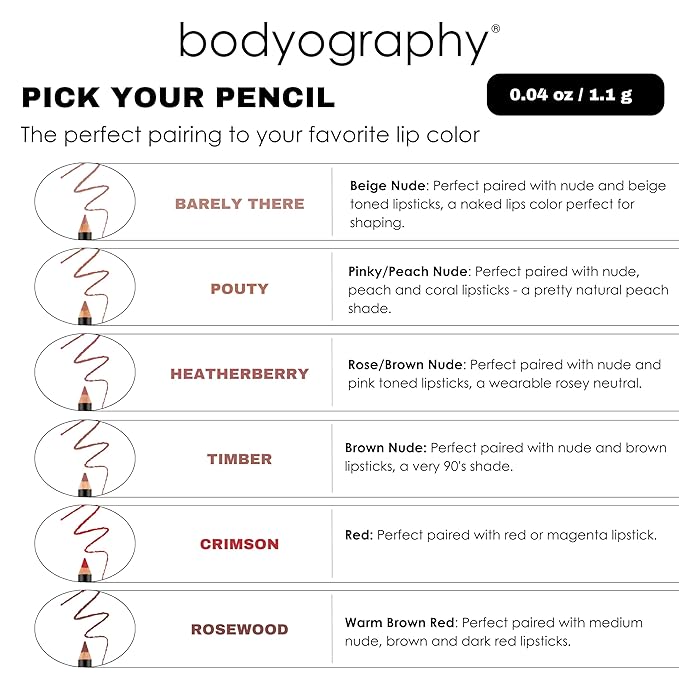 Bodyography Timber Lip Pencil | Lip Liner Pencil with Coconut Oil, Vitamin E & C | Long-Lasting, Matte Liner for Definition & Color | Makeup Essential for Smooth Lip Contour