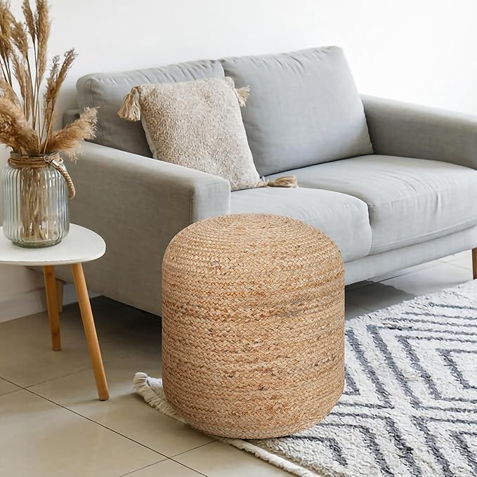 Palisa Jute Pouf Ottoman - Natural, Stuffed Boho Foot Rest Stool for Couch, Living Room, Kids Bedroom, Outdoor Patio Seat | Farmhouse Braided Accent Chair Pouffs - 16x16x18 Inches