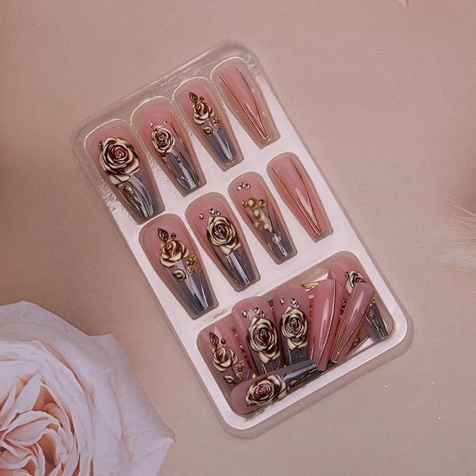 Coffin Press on Nails Medium Square Fake Nails 3D Flower Acrylic Nails Ombre Line Designs Glossy False Nails Glue on Nails Spring Artificial Nails for Women Girls Manicure 24Pcs