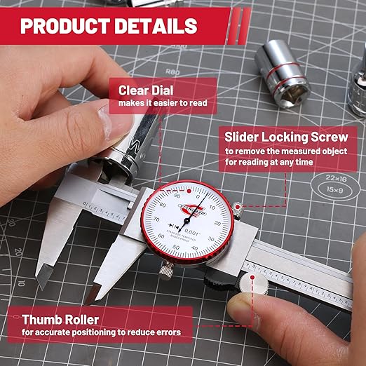 0-6" Range SAE Dial Caliper Measuring Tool, Analog Precision Micrometer Caliper ±0.001" Accuracy, Manual Mechanical Metal Stainless Steel Measuring Dial with 4-Way Measurements