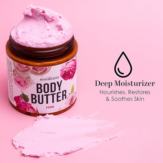 Rose Body Butter for Dry Skin with Whipped Shea Butter and Pure Essential Oil | Ultra Hydrating Rose Lotion for Women | All Natural Moisturizer for Dry Skin