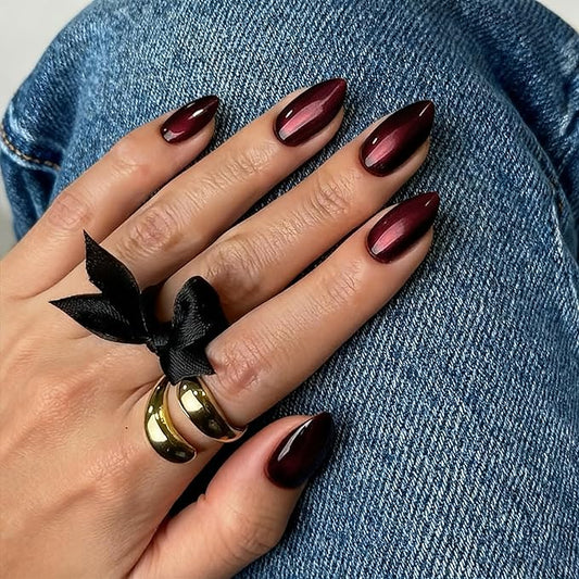 KQueenest Press On Nails Short - Chrome Red Gray Black Press On Nails Almond Shape, Metallic Dark Fake Nails with Nail Glue, Reusable Soft Gel Ombre Black Glue On Nails for Women Christmas, 30 Pcs