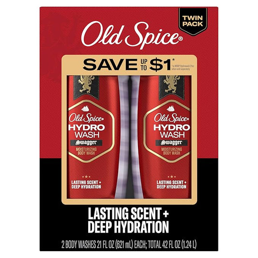 Old Spice Moisturizing Body Wash for Men, Hydro Wash, 2-in-1 Long Lasting Scent & Deep Hydration, 24/7 Shower Fresh, Swagger Scent, 21 oz (Pack of 2)