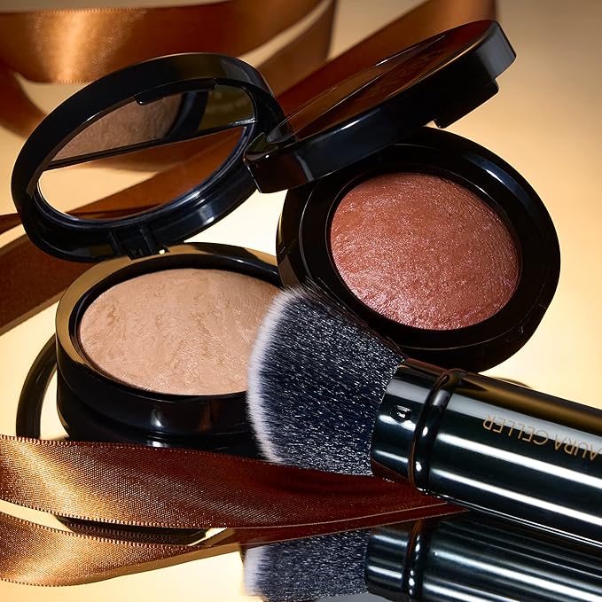 Blush-n-Glow Kit (3 PC): LAURA GELLER NEW YORK Baked Balance-N-Glow Illuminating CC Powder Foundation Light, Retractable Kabuki Brush, Baked Blush-N-Brighten Pink Grapefruit