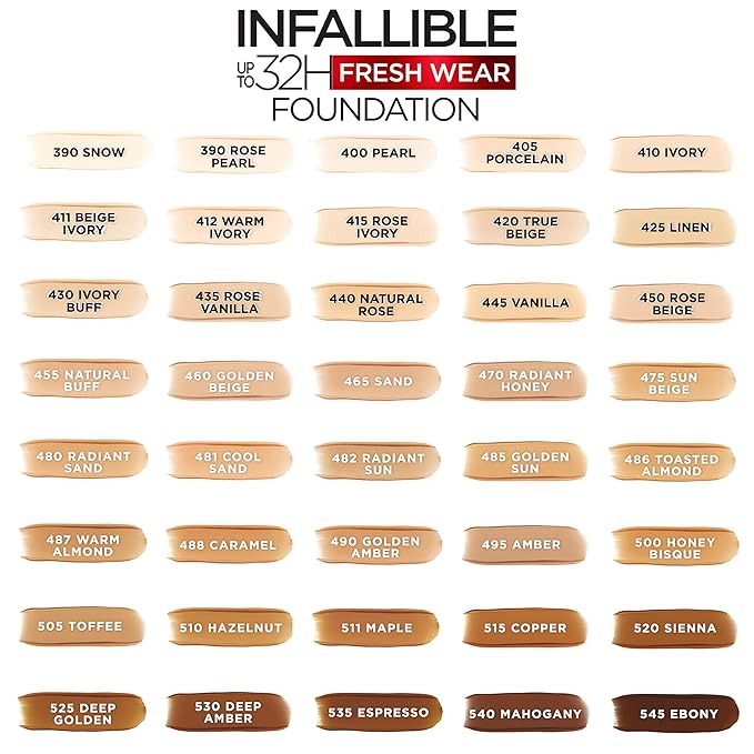 L'Oreal Paris Makeup Infallible Up to 32 Hour Fresh Wear Lightweight Foundation, 475 Sun Beige, 1 Fl Oz, Packaging May Vary