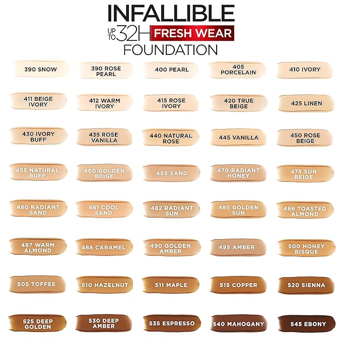L'Oreal Paris Makeup Infallible Up to 32 Hour Fresh Wear Lightweight Foundation, 490 Golden Amber, 1 Fl Oz, Packaging May Vary