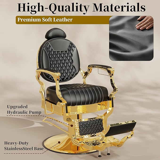 Baasha Black & Gold Heavy-Duty Barber Chair, Luxury Reclining Salon Chair with Adjustable Headrest & Comfort Seating, 550 lbs Capacity