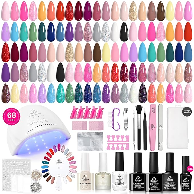 Beetles Gel Nail Polish Kit with U V Light - 68 Pcs Set 35 Colors Pink Glitter Nude Gray Gel Polish with Base Matte&Glossy Top Coat Vivid Seasons Gel Nail Set Nail Art Gift for Women & Girls