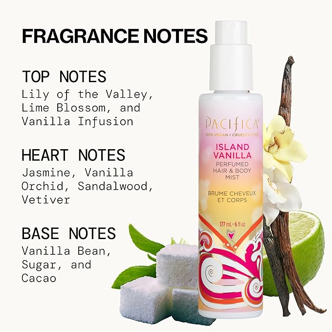 Pacifica Mini Island Vanilla Hair Mist Perfume and Full Body Spray for Women - Body Mist Fragrance Spray for A Mood-Lifting Experience, Paraben-Free, Clean Beauty Alcohol-Free, Vegan 2 oz