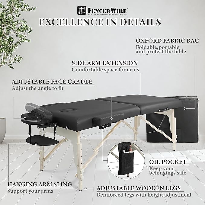 Fencer Wire 84 Inch Premium Memory Foam Massage Table, Foldable Massage Bed, Height Adjustable Spa Bed, Facial Cradle Salon Bed Wooden Legs & Carry Case, Black, 32 Inch Wide