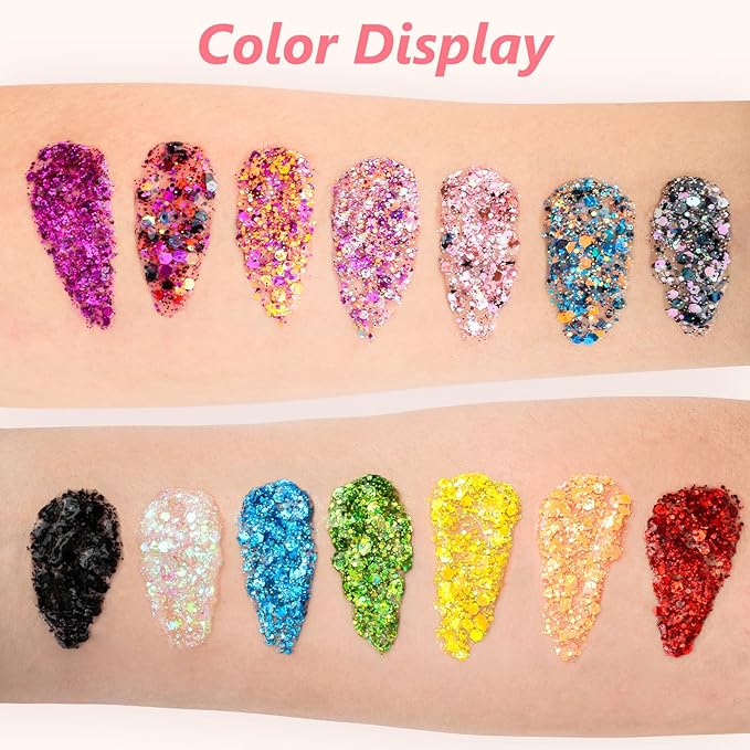 14 Colors Body Glitter,Face Glitter Makeup for Kids Women,Sparkly Chunky Hair Glitter for Eye Lip Nails,Mardi Gras Glitter Makeup Face Paint,Singer Concerts Disco Rave Festival Accessories-Hallowmas