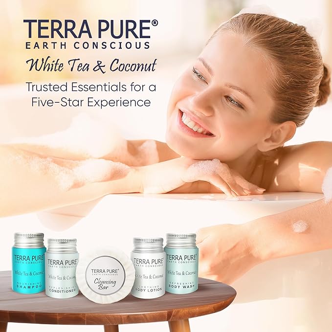 Terra Pure White Tea & Coconut Toiletries Set | 1-Shoppe Amenities Kit | 1oz Shampoo & Conditioner, Body Wash, Lotion, 1.25oz Bar Soap | Travel Size | 300 Pieces