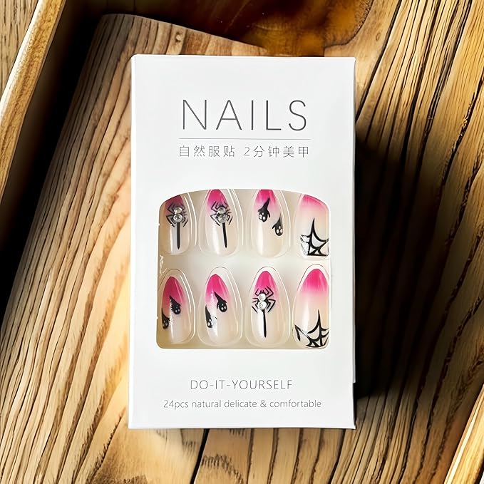 24Pcs Halloween Press on Nails Medium Almond Fake Nails with Spider Star Rhinestones Design Goth Cute Ghost Ghost Acrylic Nails Full Cover Stick on Nails Pink Red Gradient Glue on Nails for Women