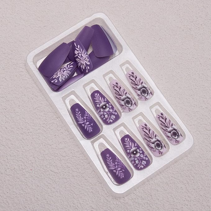 Purple Press on Nails Short Coffin Fake Nails 3D Flower Acrylic Nails Floral Leaf False Nails Matte Stick on Nails Square Artificial Nails for Women Girls Manicure 24Pcs