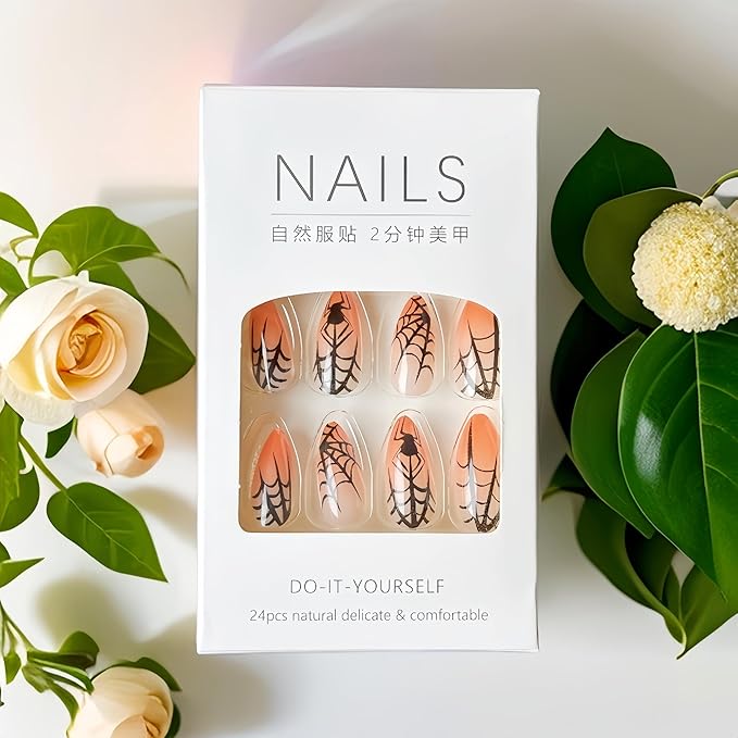 24Pcs Halloween Press on Nails Medium Almond Fake Nails Orange Gradient with Black Spider Spider Web Design Glue on Nails Glossy Full Cover Goth False Nails Acrylic Nail for Women Manicure Decoration
