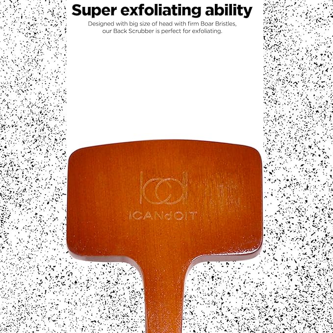 ICANdOIT Exfoliation Set-17.71 Inch Boar Bristles Back Scrubber Bath Brush,Shower Brush with No-Slip Curved Handle,Dual-Sided Face Exfoliation Glove