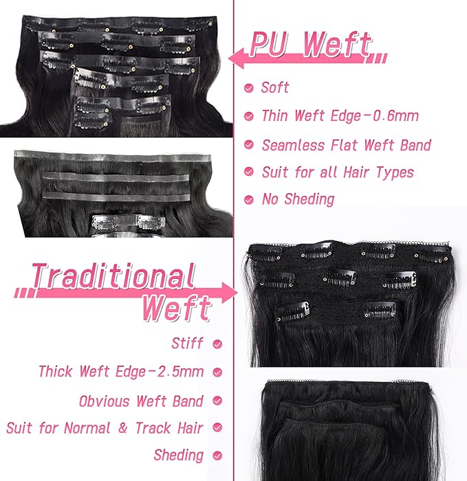 Essent Seamless Light Yaki Straight Clip in Hair Extensions Seamless Real Human Hair, 24 Inch 1Pack 130g 7Pcs Human Hair Extensions for Women Natural Black