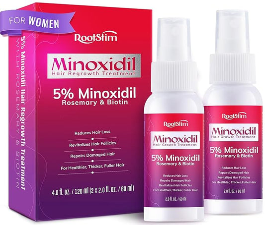 Women's 5% Minoxidil Spray for Hair Growth: 2-Pack RootStim Extra Strength Minoxidil with Rosemary & Biotin for Thinning Hair Regrowth and Fuller Hair - 60ML Each