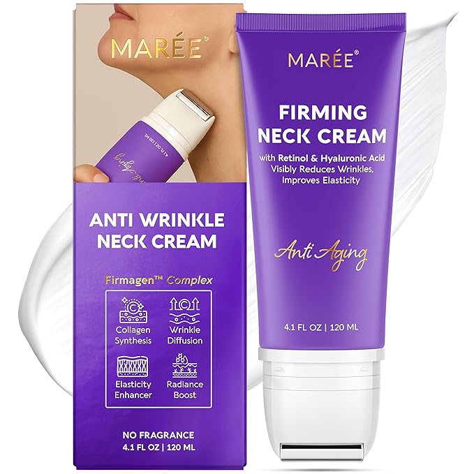 MAREE Neck Cream with Face Roller – Neck Creams For Tightening and Firming – Pro Retinol & AH-8 Firming Neck Cream Roller - Face Double Chin Wrinkle Cream for Women - Crema Reafirmante Para el Cuello