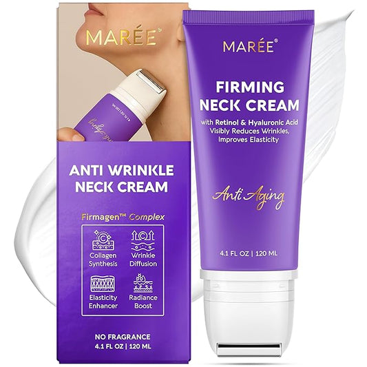 MAREE Neck Cream with Face Roller – Neck Creams For Tightening and Firming – Pro Retinol & AH-8 Firming Neck Cream Roller - Face Double Chin Wrinkle Cream for Women - Crema Reafirmante Para el Cuello