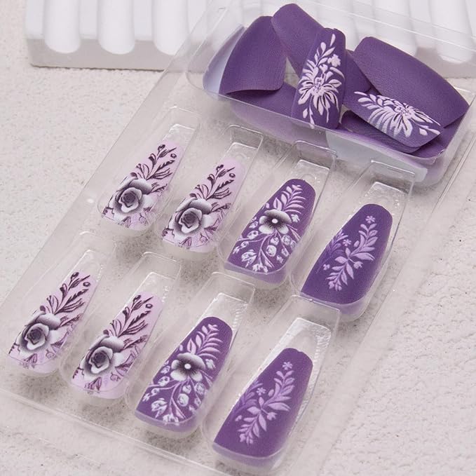 Purple Press on Nails Short Coffin Fake Nails 3D Flower Acrylic Nails Floral Leaf False Nails Matte Stick on Nails Square Artificial Nails for Women Girls Manicure 24Pcs