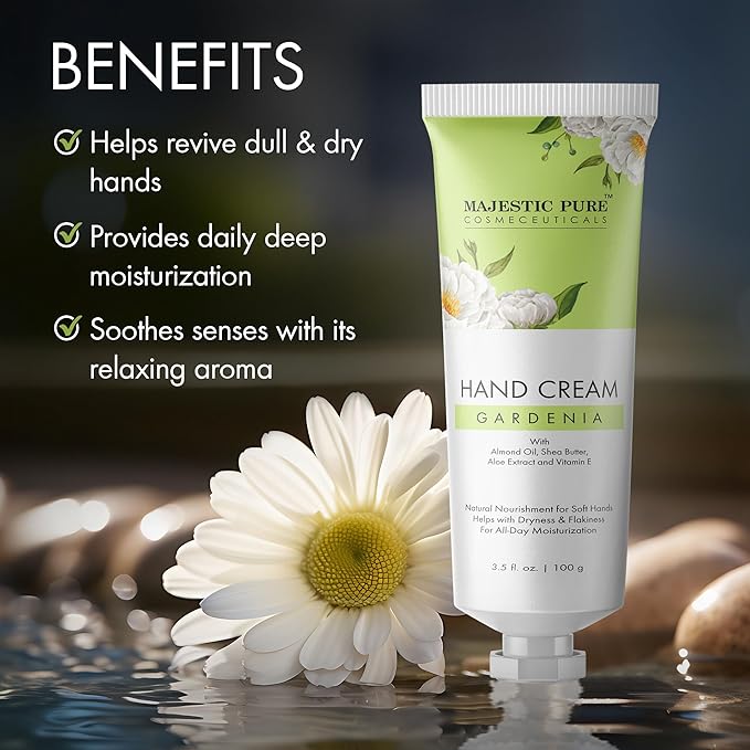 Majestic Pure, Gardenia Hand Cream | 100% Pure & Natural | Helps in Nourishment and Soft Hands | Almond Oil, Aloe Vera Extract, Shea Butter | 3.5 Fl Oz