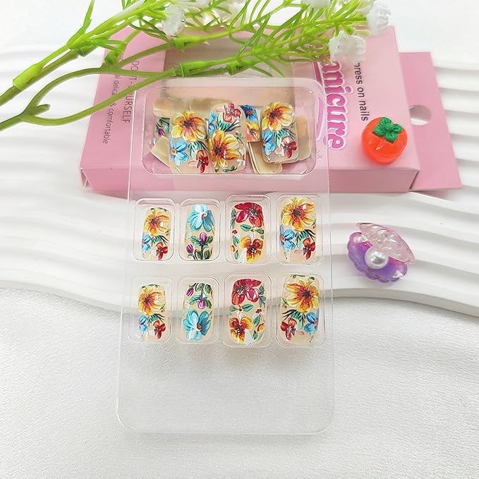 Square Press on Nails Medium False Nails with Colorful Flower Designs Spring Fake Nails Nude Nails Press ons Glossy Glue on Nails Summer Acrylic Nails Artificial Stick on Nails for Women 24Pcs