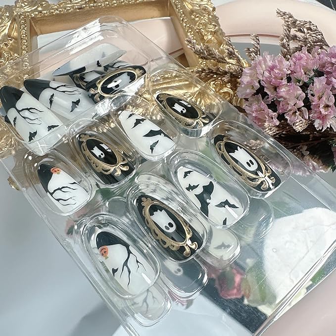 24Pcs Halloween Press on Nails Medium Almond Fake Nails Horror Bat Acrylic Nails with Glossy Scary Pumpkin Ghost Stick on Nails Full Cover Holiday False Nail Tips for Women Manicure Nail Decoration