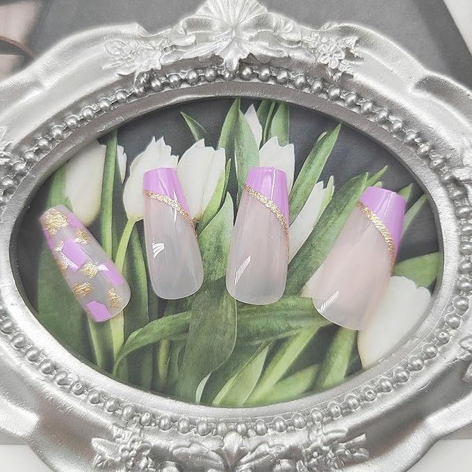 Acrylic Press on Nails Coffin Medium Purple French Tip Fake Nails Press ons Golden Glitter Lines Glue on Nails Glossy Stick on Nails Artificial False Nails for Girls 24Pcs