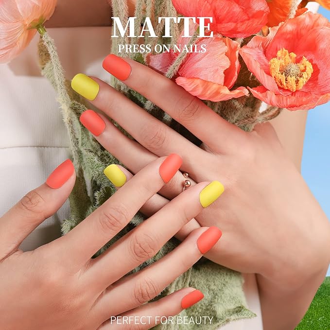 Teenitor Short Press On Nails with Glitter, 12 Sizes Square, Matte & Glossy Finish