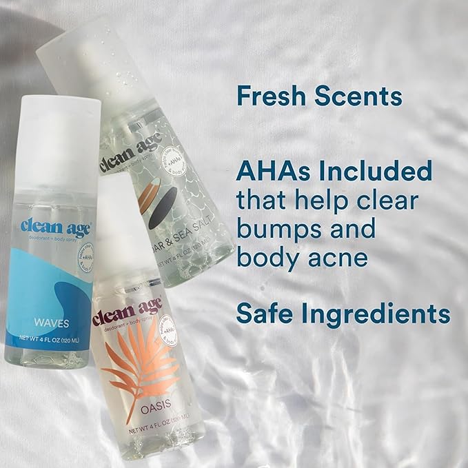 Aluminum Free Deodorant & Body Spray for Whole Body - 3 Pack 4oz ea - Cedar, Oasis and Waves - Clean Deodorant and Body Spray for Teen Boys and Girls - With AHA Fights Body Acne