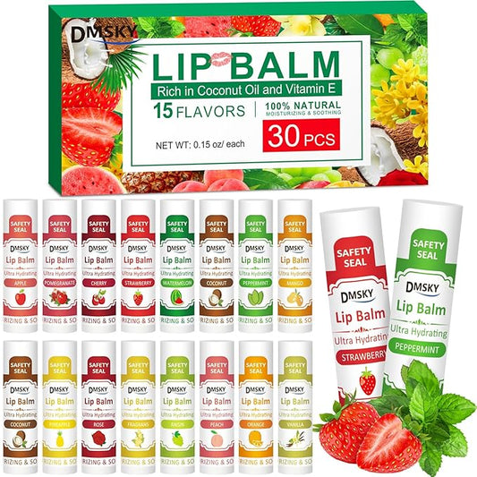 DMSKY 30 Pack Lip Balm, Natural Lip Balm Bulk with Vitamin E and Coconut Oil, Moisturizing Soothing Chapped Lips-15 Flavors